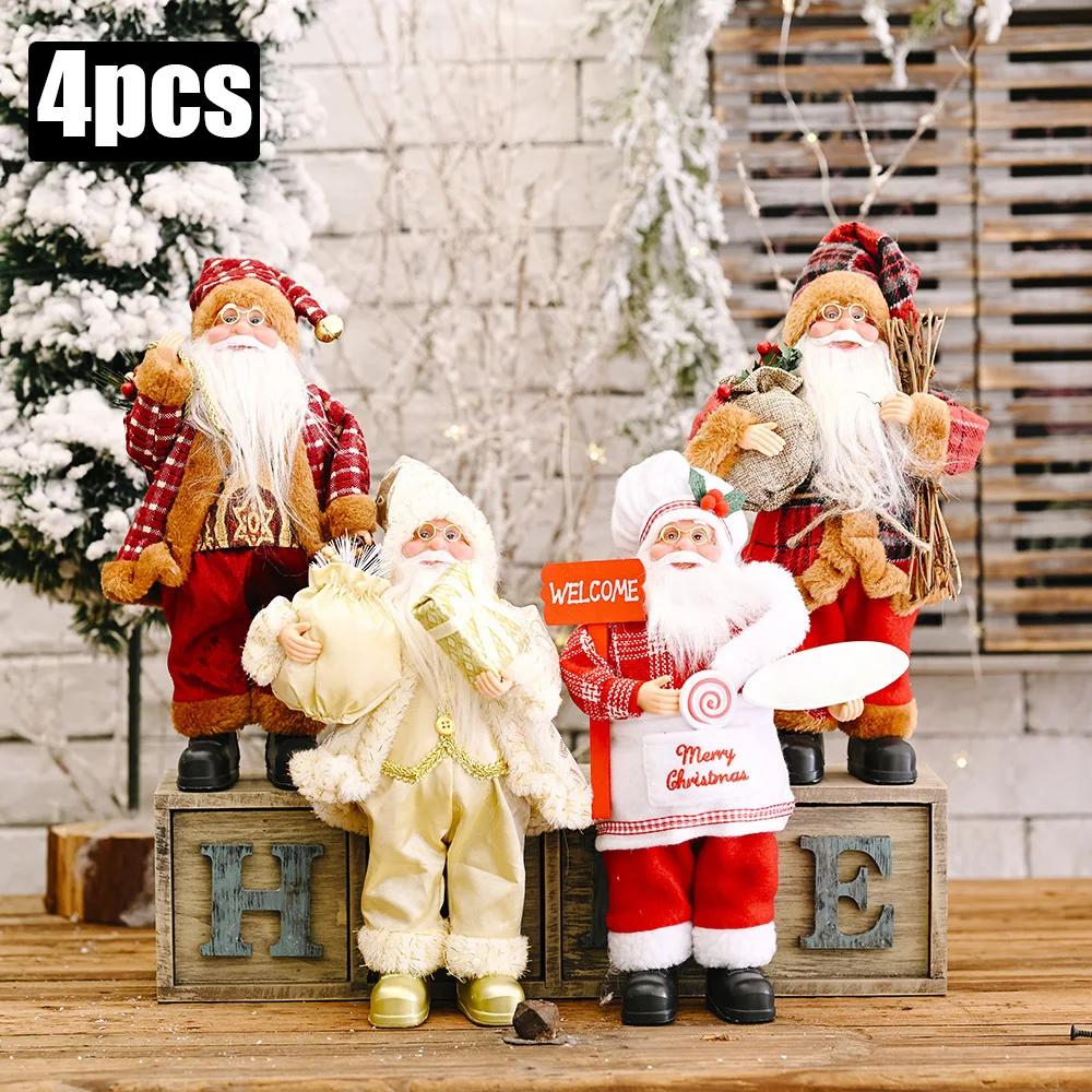 Plush Santa Claus Christmas Figure 30cm – Standing Santa Doll Ornament, Singles or Sets of 2, 3 & 4 - Set of 4 (A + B + C + D)
