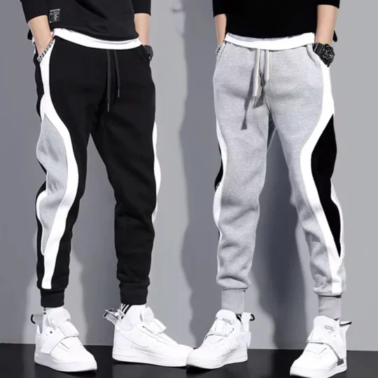 Men's Loose Wide Leg Casual Trousers – Elastic Waist Patchwork Joggers with Tie Cuffs