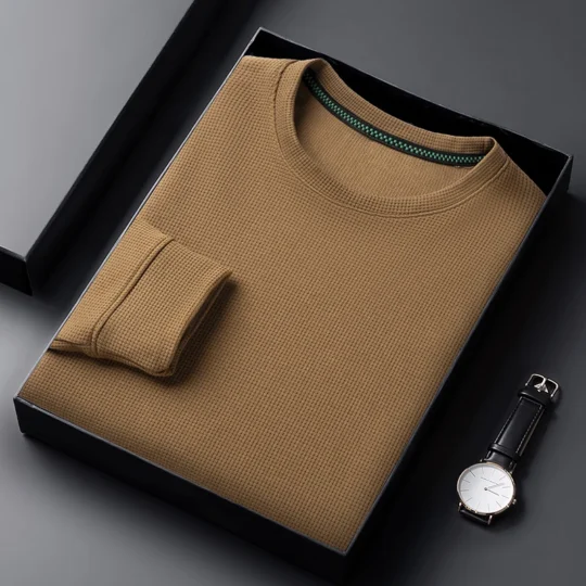 Men's Waffle Knit Long Sleeve T-Shirt – Casual Crew Neck Breathable Top