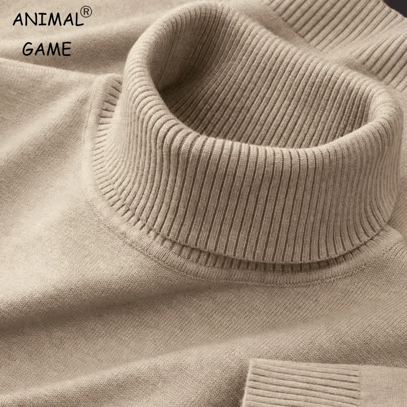 Men's Knitted Turtleneck Jumper – Solid Colour Roll Neck Pullover Sweater for Autumn & Winter