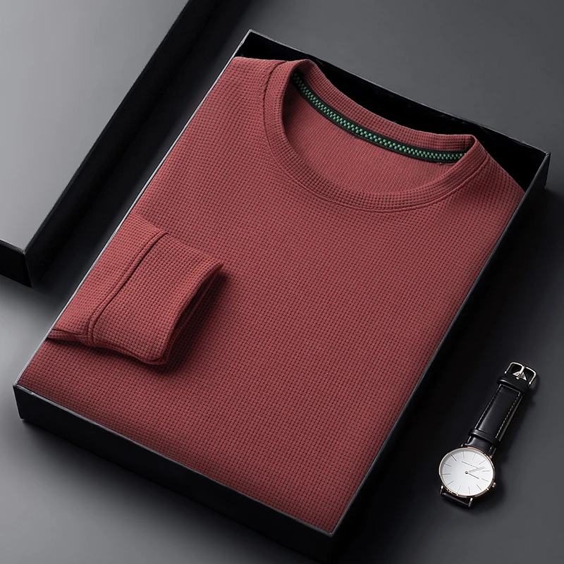 Men's Waffle Knit Long Sleeve T-Shirt – Casual Crew Neck Breathable Top