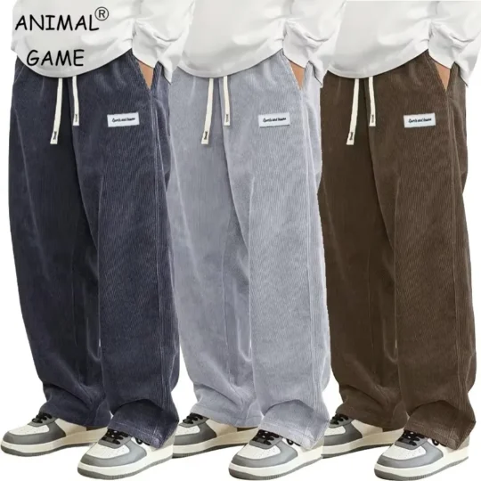 Men's Corduroy Casual Trousers – Loose Fit Straight Leg Pants with Drawstring Waist