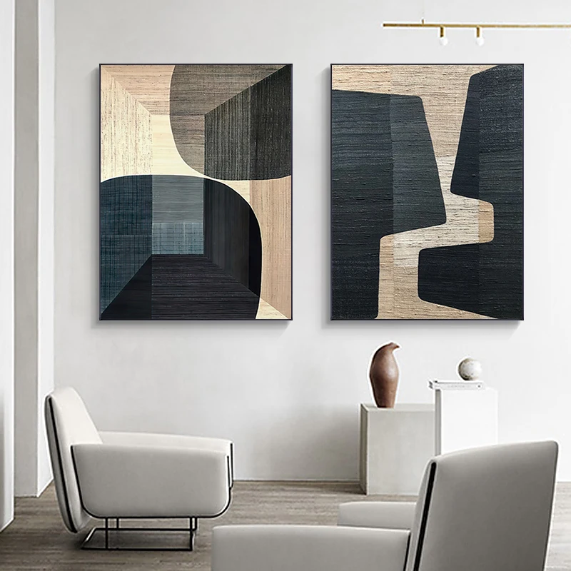 Abstract Geometric Canvas Wall Art – Brown & Neutral Colour Block Prints for Living Room & Office, Unframed