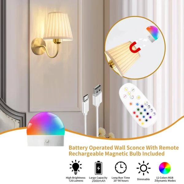 Battery-Powered Wireless Wall Light with Remote – Dimmable 15-Colour RGB Wall Sconce with Timer
