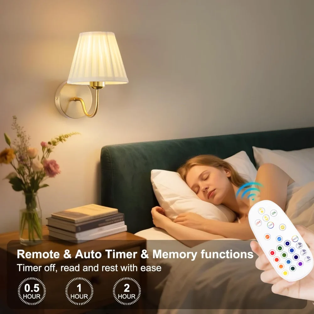 Battery-Powered Wireless Wall Light with Remote – Dimmable 15-Colour RGB Wall Sconce with Timer