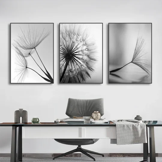 Black & White Dandelion Canvas Wall Art – Botanical Flower Prints, Single Print or 3-Piece Set, Unframed