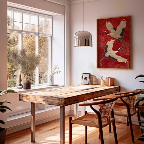 Japanese Crane Canvas Wall Art – Red & Gold Oriental Bird Print, Traditional Asian Poster, Unframed