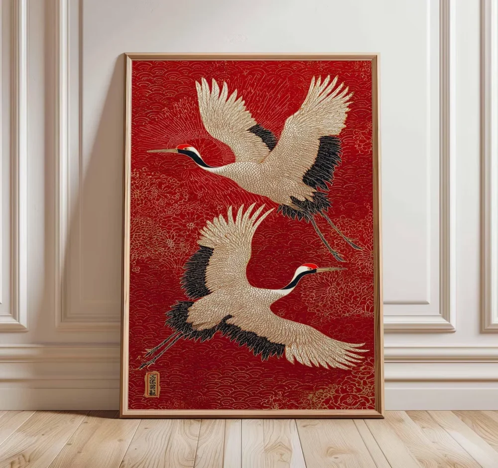 Japanese Crane Canvas Wall Art – Red & Gold Oriental Bird Print, Traditional Asian Poster, Unframed
