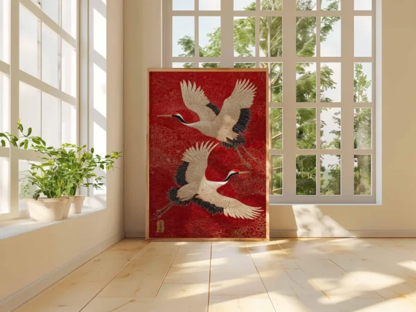 Japanese Crane Canvas Wall Art – Red & Gold Oriental Bird Print, Traditional Asian Poster, Unframed