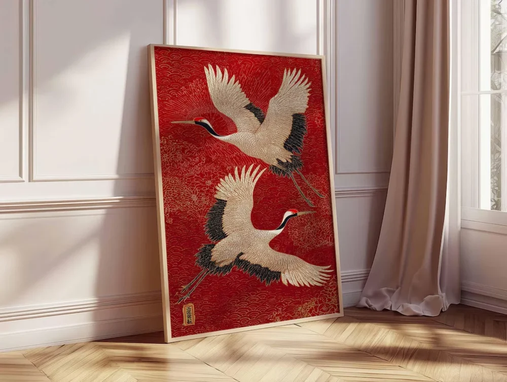 Japanese Crane Canvas Wall Art – Red & Gold Oriental Bird Print, Traditional Asian Poster, Unframed