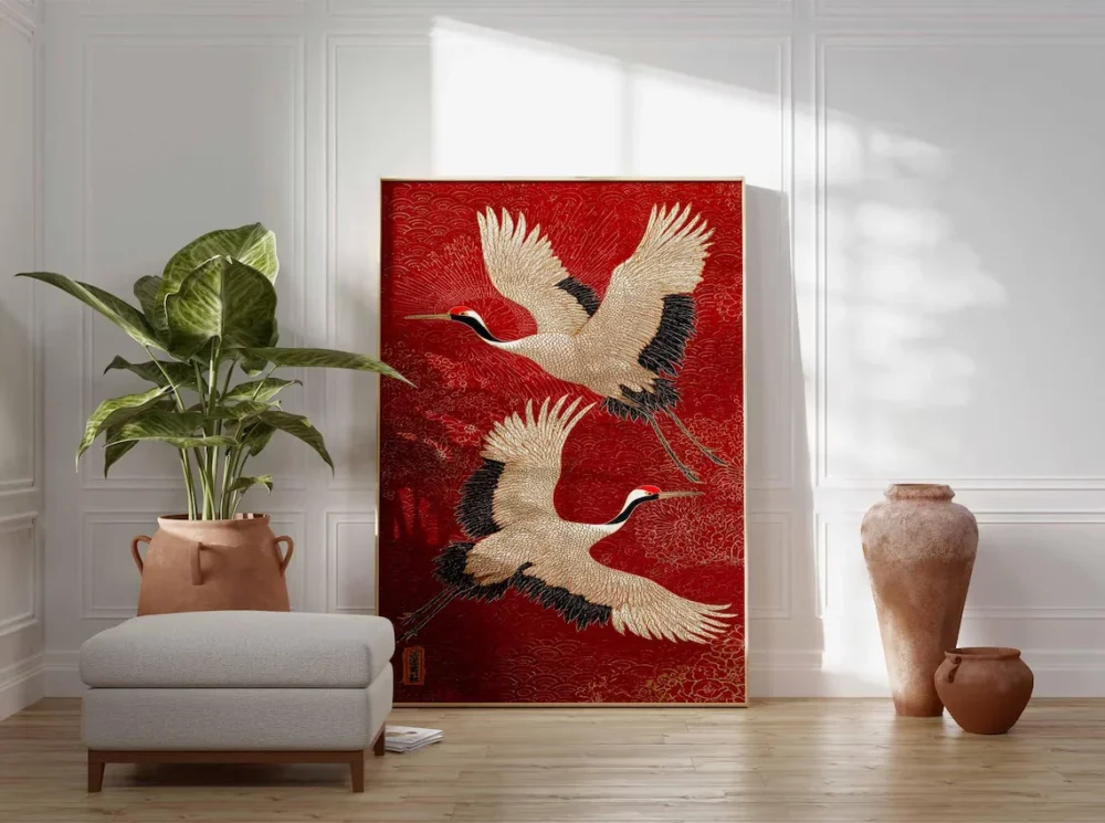 Japanese Crane Canvas Wall Art – Red & Gold Oriental Bird Print, Traditional Asian Poster, Unframed