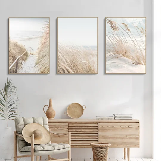 Nordic Seascape & Pampas Grass Canvas Wall Art Set of 3 – Coastal Botanical Prints, Unframed