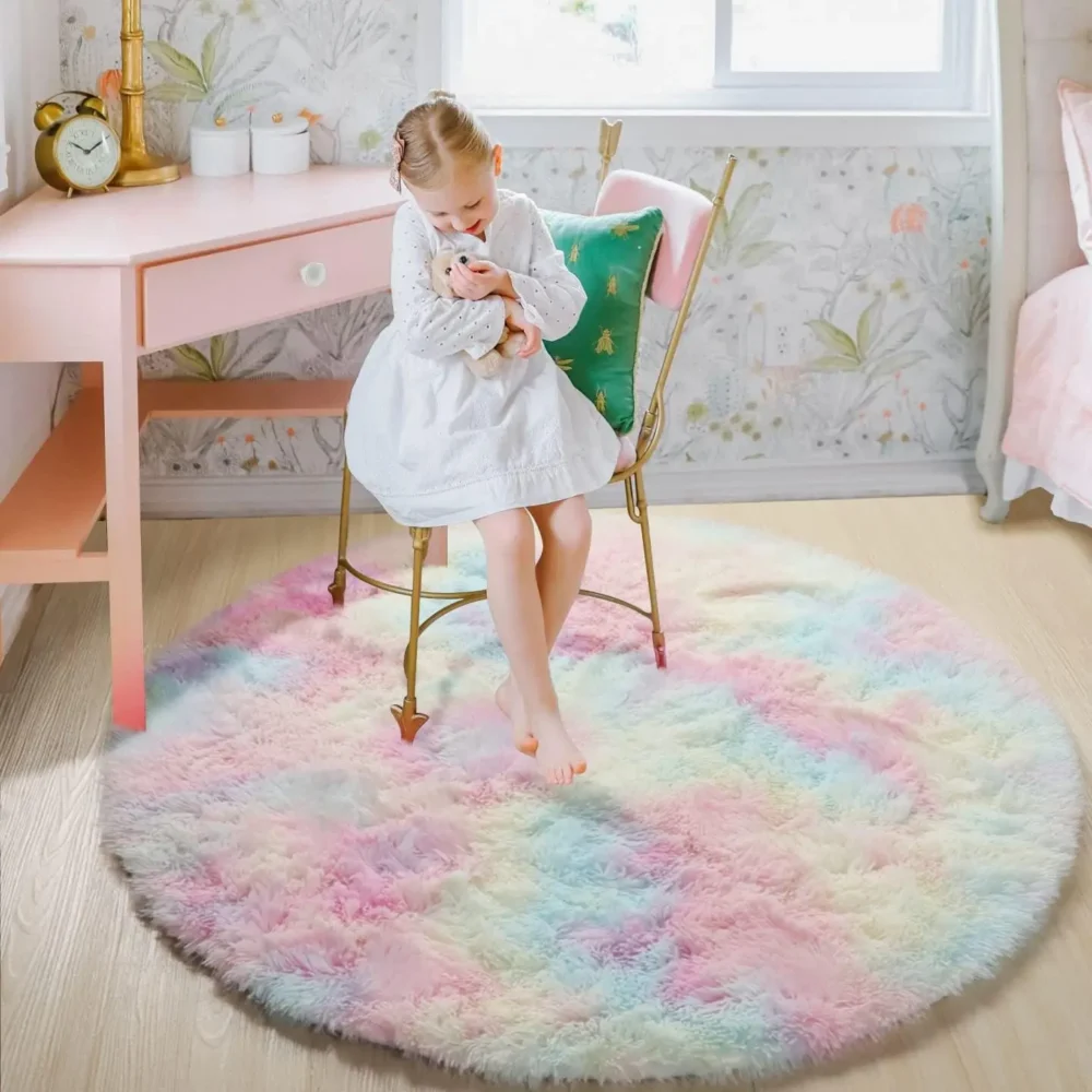 Round Fluffy Shaggy Rug Rainbow